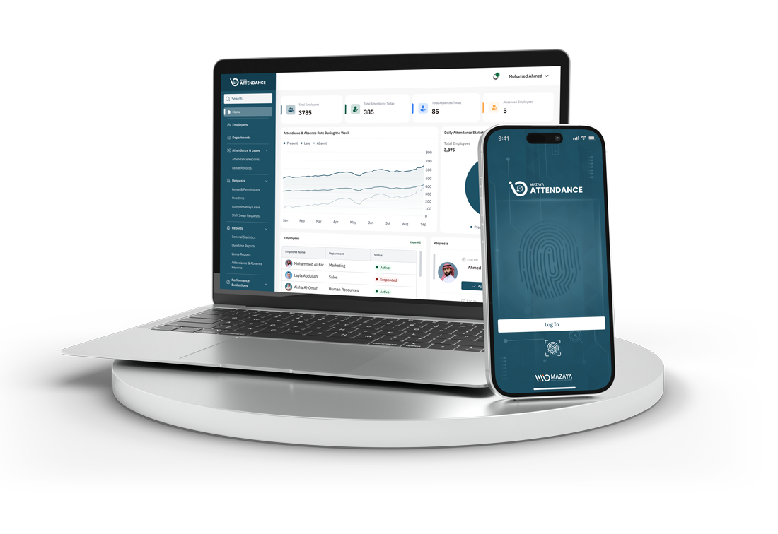 Image showing the smart robot pointing to the responsive employee attendance system interface on laptop and mobile, demonstrating ease of attendance record monitoring across all devices.