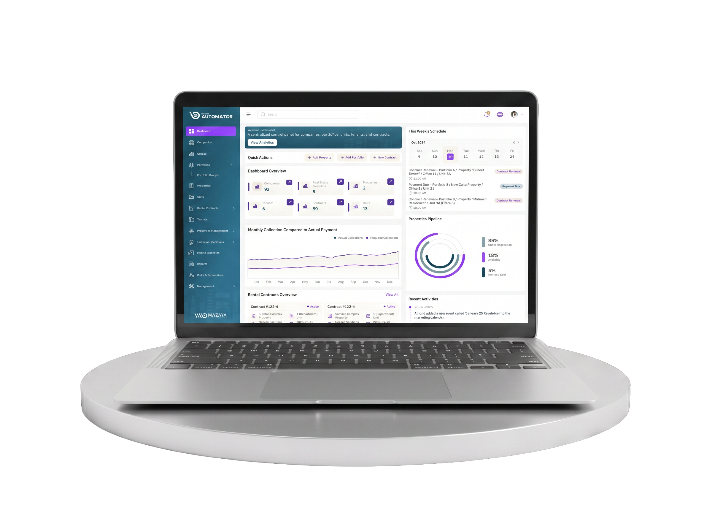Image displaying the business process automation system (Mazaya Automator) interface on a laptop, showcasing a modern dashboard for precisely monitoring automated workflow performance.