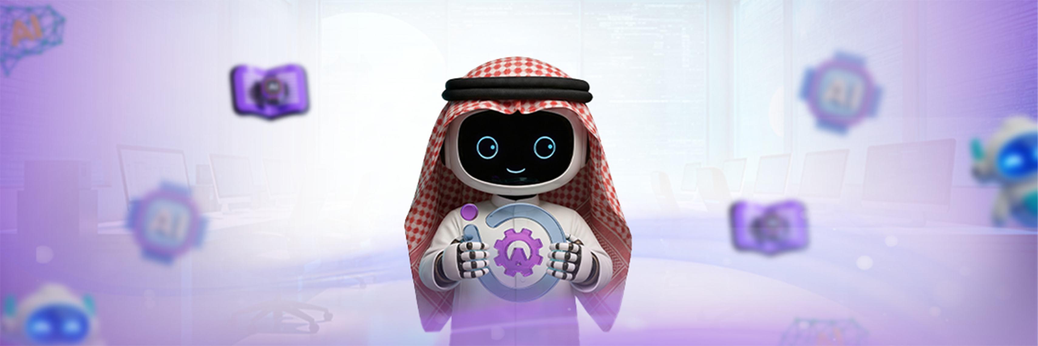 Mazaya robot waving and holding the glowing Mazaya Automator logo, representing the visual identity of a business process automation system that intelligently connects tasks.