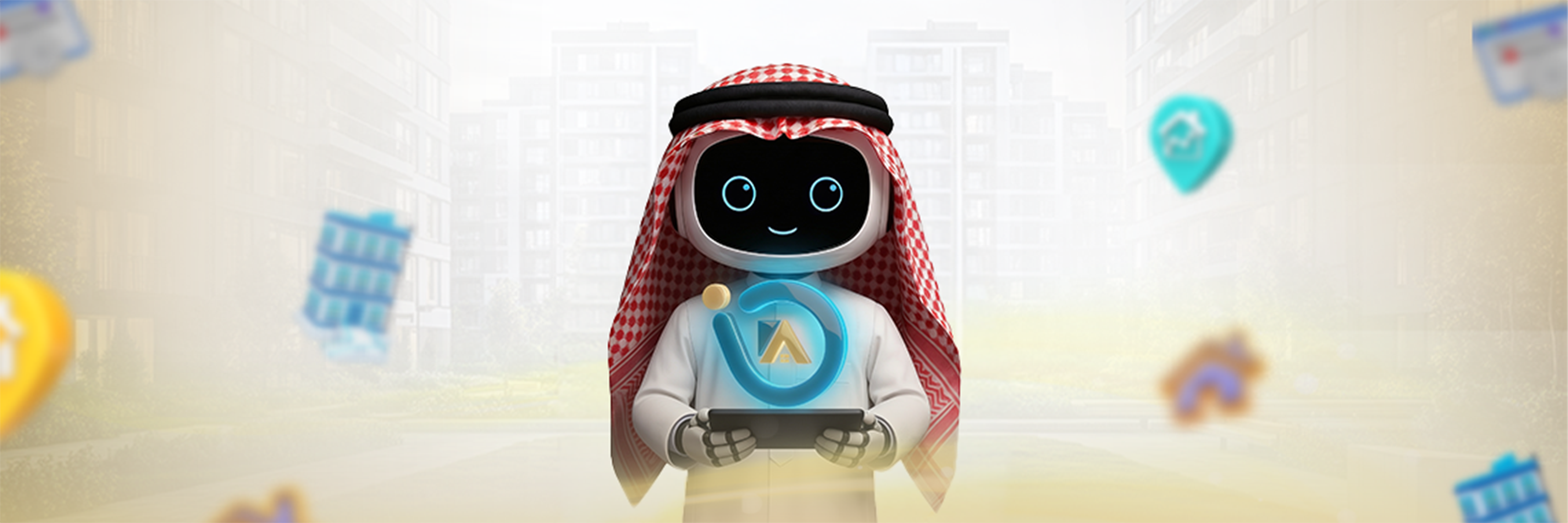 : A banner featuring the smart robot in a modern urban setting representing Mazaya Aqar as a leading property management system for sales, leasing, and financial automation.