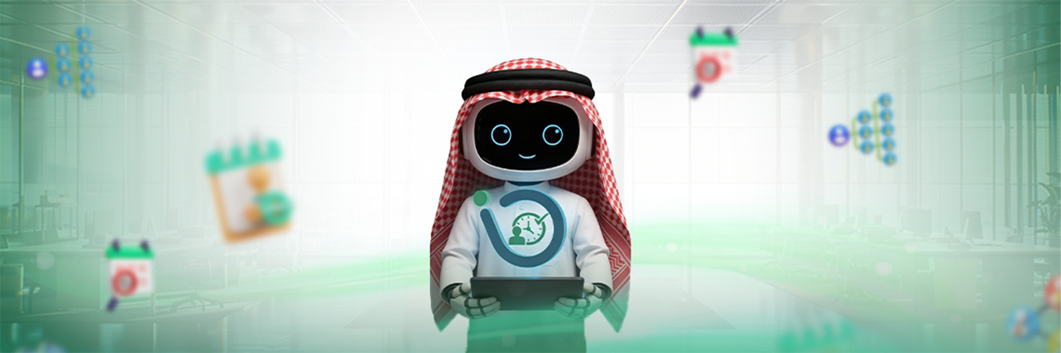 A banner featuring the smart robot in a modern office environment holding the Mazaya Attendance logo, representing the ideal employee attendance system for digital staff record management.