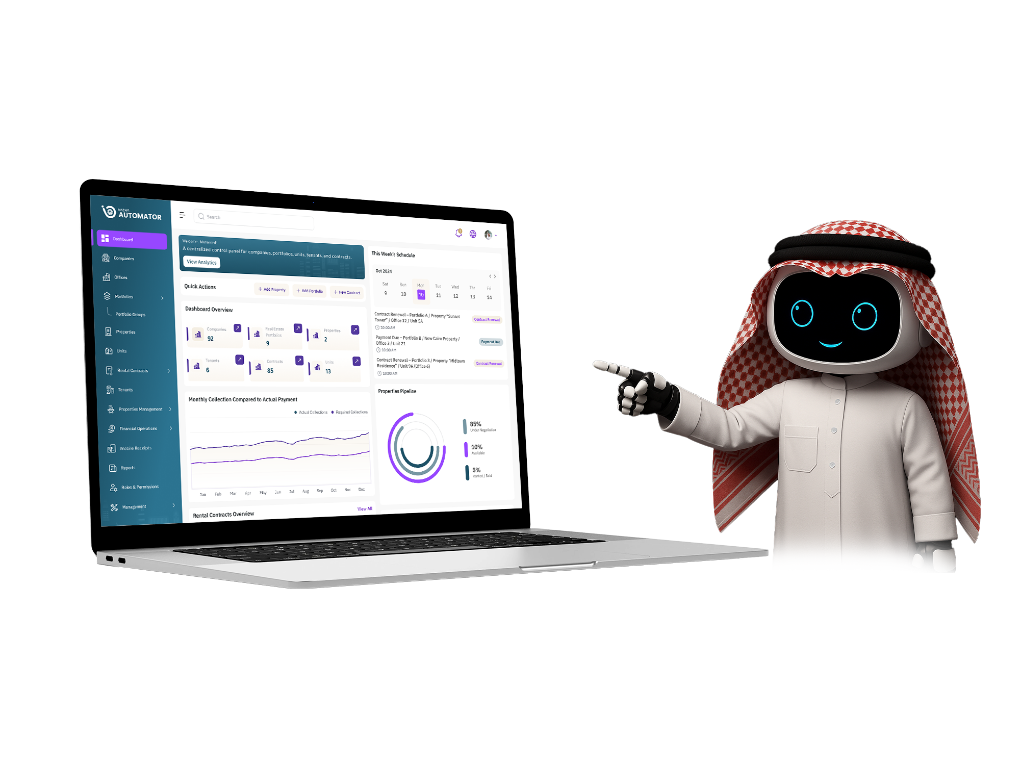 Icon representing the centralized management portal within the business process automation system (Mazaya Automator), featuring the smart robot pointing to an integrated dashboard on a laptop, allowing managers to monitor automated workflows and manage business rules in Australia.