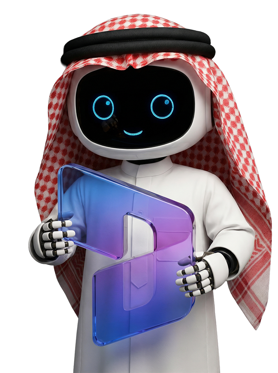 روبوت ذكاء اصطناعي يحمل شعار microsoft erp dynamics داينامكس لتقديم أفضل الحلول التقنية للشركات في السعودية والكويت