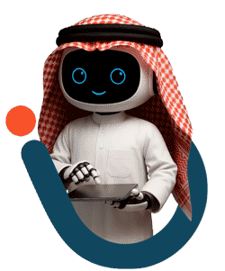 الروبوت الذكي الذي يُمثل مزايا المرتدي للزي التقليدي (الغترة والعقال) والمستخدم للتابلت يقف بثقة داخل الشكل المنحني الأزرق والداكن من اللوجو، الذي يشتمل على نقطة برتقالية، ليعبر عن الذكاء الاصطناعي والتكنولوجيا الكفاءة والشمولية والحلول الإدارية المتكاملة.